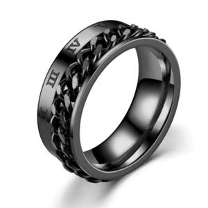Black Stainless Steel Chain Fidget Spinner Ring - Roman Numeral Wide Band